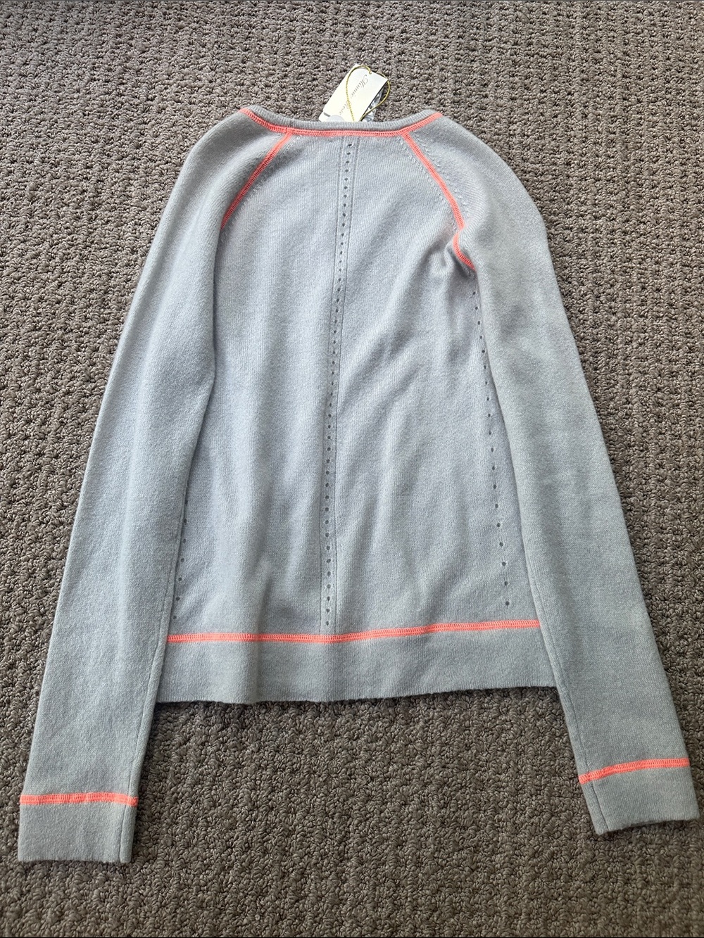 Minnie Rose Cashmere Light Gray Sweater with Coral Piping - Picture 3 of 3